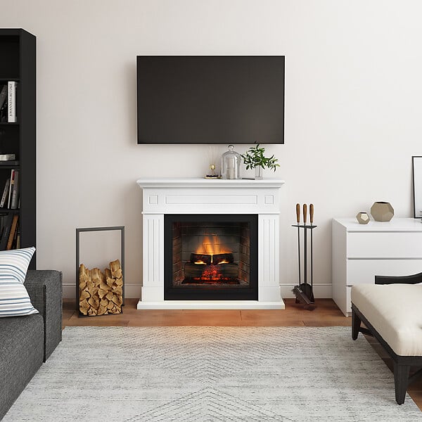 CENTRALE BRICO - Cheminée électrique connectée 1400W - LARSEN Powerflame 2 - effets flammes 3D et crépitement - Blanc - large