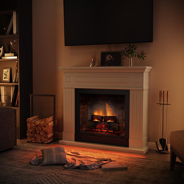 CENTRALE BRICO - Cheminée électrique connectée 1400W - LARSEN Powerflame 2 - effets flammes 3D et crépitement - Blanc - large