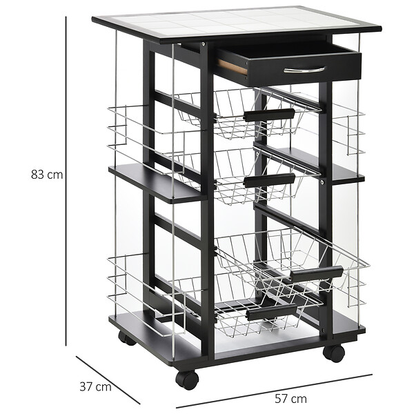 HOMCOM - Chariot de service desserte de cuisine à roulettes multi-rangements 4 paniers métal tiroir + 4 range-bouteilles bois pin noir plateau carrelé blanc - large