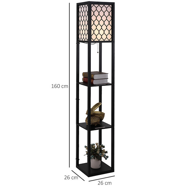 HOMCOM - Lampadaire étagère lampe étagère 26L x 26l x 160H cm 3 étagères 4 niveaux MDF noir motif nid d'abeille - large