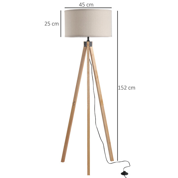 HOMCOM - Lampadaire trépied style scandinave 40 W max. dim. 45L x 45l x 152H cm bois de pin lin beige - large