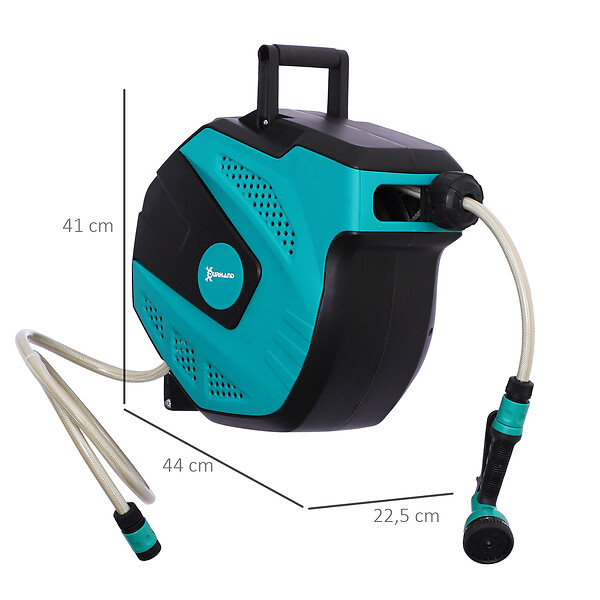 DURHAND - Dévidoir mural enrouleur automatique pivotant 180Â° tuyau 15 + 1,5 m avec lance arrosage support mural intégré turquoise noir - large