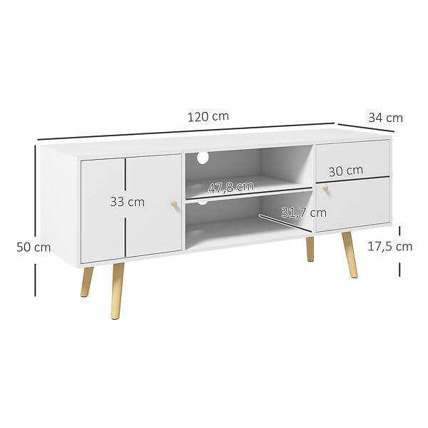 HOMCOM - Meuble TV style scandinave 2 portes 2 niches passe-fils pietement bois pin panneaux blanc - large