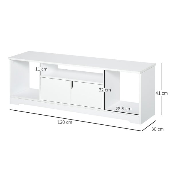 HOMCOM - Meuble TV banc TV design contemporain - 3 niches, placard double porte - dim. 120L x 30l x 41H cm - panneaux particules blanc - large