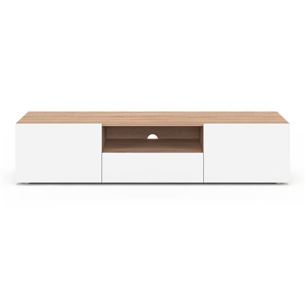 ID MARKET - Meuble TV 140 cm ELI bois façon hêtre portes blanches - large