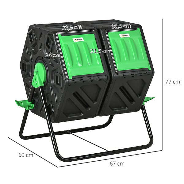 OUTSUNNY - Composteur de jardin - bac à  compost pour déchets - rotatif 360Â° - double chambre 130 L - acier PP vert noir - large