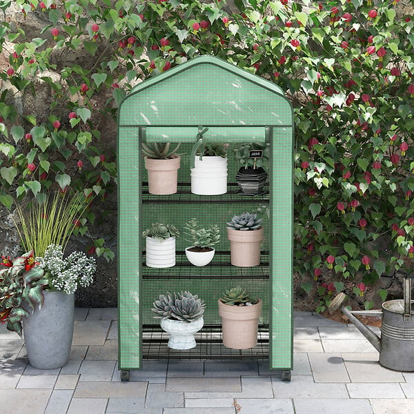 OUTSUNNY - Mini serre de jardin 3 étagères porte enroulable 4 roulettes PE - large
