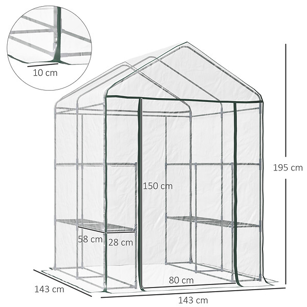 HOMCOM - Serre de jardin balcon terrasse 4 étagères 143L x 143l x 195H cm acier PVC imperméable anti-UV transparent vert - large