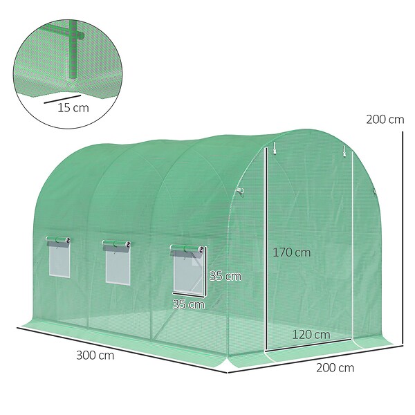 OUTSUNNY - Serre de jardin tunnel surface sol 6 m² 3L x 2l x 2H m châssis tubulaire renforcé porte zippée 6 fenêtres enroulables vert - large