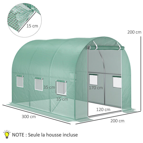 OUTSUNNY - Bâche de rechange serre tunnel 6 m², bâche dim. 3L x 2l x 2H m PE anti-UV imperméable 6 fenêtres + porte enroulable zippée vert - large