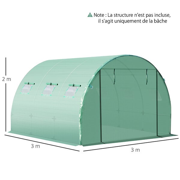 OUTSUNNY - Bâche de rechange serre tunnel 9 mÂ², bâche dim. 3L x 3l x 2H m PE anti-UV imperméable 6 fenêtres + porte enroulable zippée vert - large