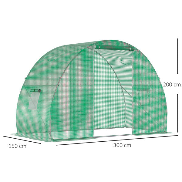 OUTSUNNY - Serre de jardin tunnel surface sol 4,5 mÂ² dim. 3L x 1,5l x 2H m châssis tubulaire renforcé porte zippée 2 fenêtres enroulables vert - large