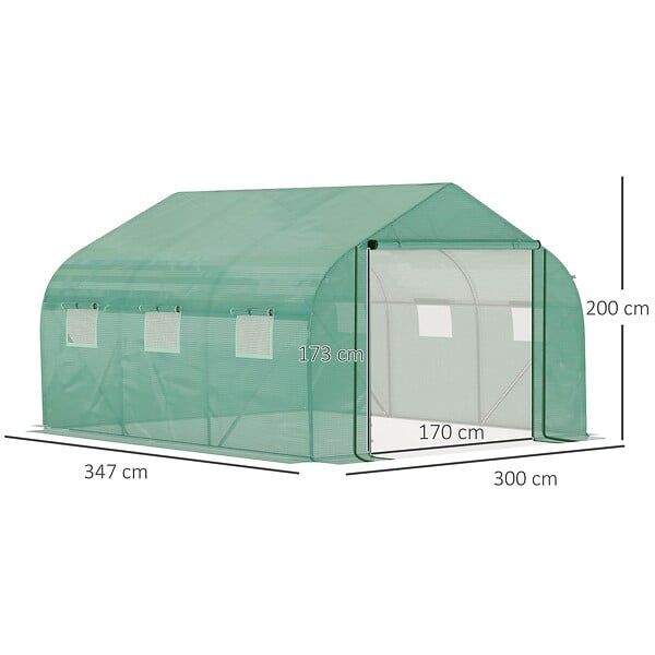 OUTSUNNY - Serre tunnel de jardin grande taille dim. 3,47L x 3l x 2H m - 6 fenêtres et porte zippée enroulable - acier galvanisé PE haute densité vert - large