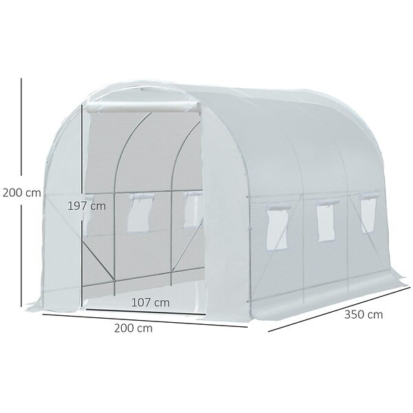 OUTSUNNY - Serre de jardin tunnel surface sol 7 m² 3,5L x 2l x 2H m châssis tubulaire renforcé 18 mm 6 fenêtres blanc - large