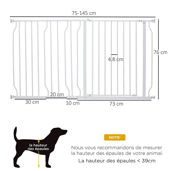 PAWHUT - Barrière de sécurité animaux - longueur réglable dim. 75-145 cm - porte double verrouillage, ouverture double sens -sans perçage - acier ABS blanc - large