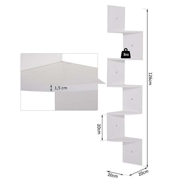 HOMCOM - Étagère d'angle étagère de rangement design contemporain zig zag 20L x 20l x 126H cm 5 niveaux panneaux de particules blanc - large