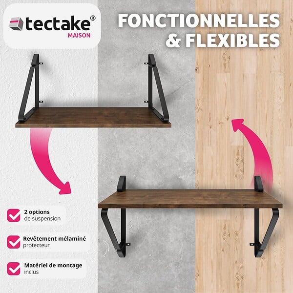 TECTAKE - 2 étagères suspendues Irvine Bois foncé industriel, rustique - large