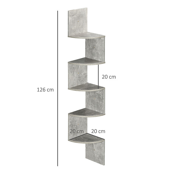 HOMCOM - Étagère d'angle étagère de rangement design contemporain zig zag 20L x 20l x 126H cm 5 niveaux panneaux de particules gris - large