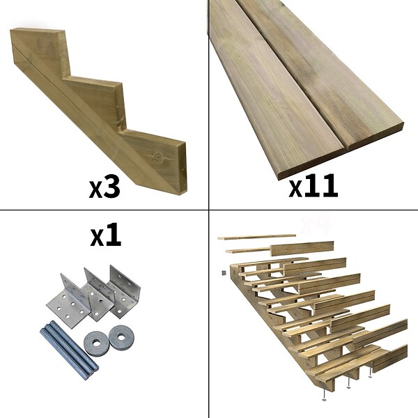 DECKLINEA - Escalier Bois Exterieur - 7 Marches Pleines - Largeur : 1m20 - Hauteur : 1m19 - Avec Contremarches - Pin du Nord - Traité Autoclave - large