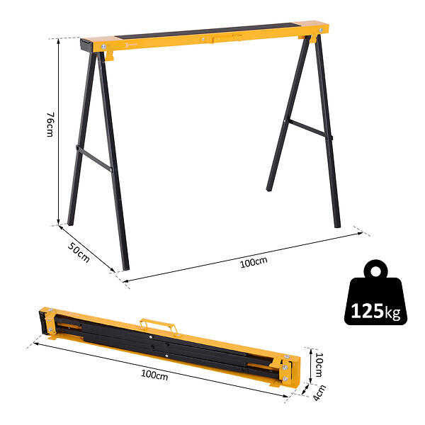 HOMCOM - HOMCOM Lot de 2 tréteaux pliables compactes poignée transport dim. 100L x 50l x 76H cm surface antidérapante métal noir jaune - large