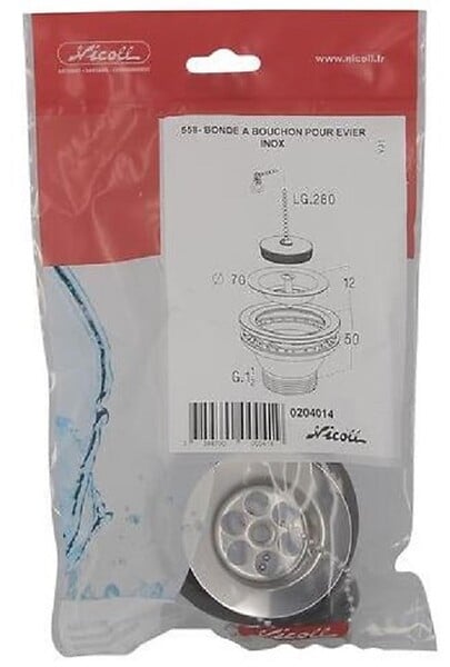 NICOLL - Bonde à bouchon sans trop plein pour évier inox - Pour perçage diamètre 50 mm - large