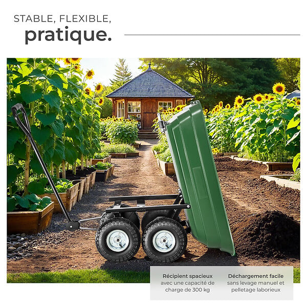 TECTAKE - Chariot de jardin 300 kg avec benne basculante vert - large