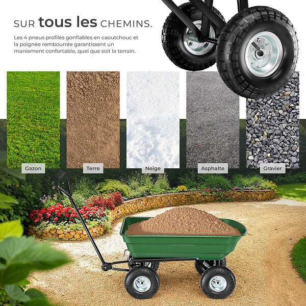 TECTAKE - Chariot de jardin 300 kg avec benne basculante vert - large