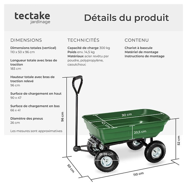 TECTAKE - Chariot de jardin 300 kg avec benne basculante vert - large