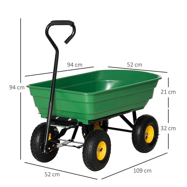 OUTSUNNY - Chariot de jardin à main benne basculante 75° 75L charge max. 200 Kg 4 roues pneumatiques acier PP jaune vert - large