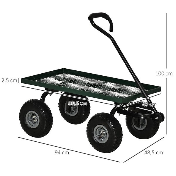 OUTSUNNY - Chariot de transport jardin remorque à main charrette à bras 4 roues 94L x 48,5l x 100H cm charge max. 150 Kg métal vert - large