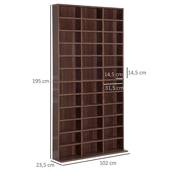 HOMCOM - Étagère rangement CD/DVD meuble de rangement pour 1116 CDs 33 compartiments réglables en hauteur 102 x 24 x 195 cm marron - large