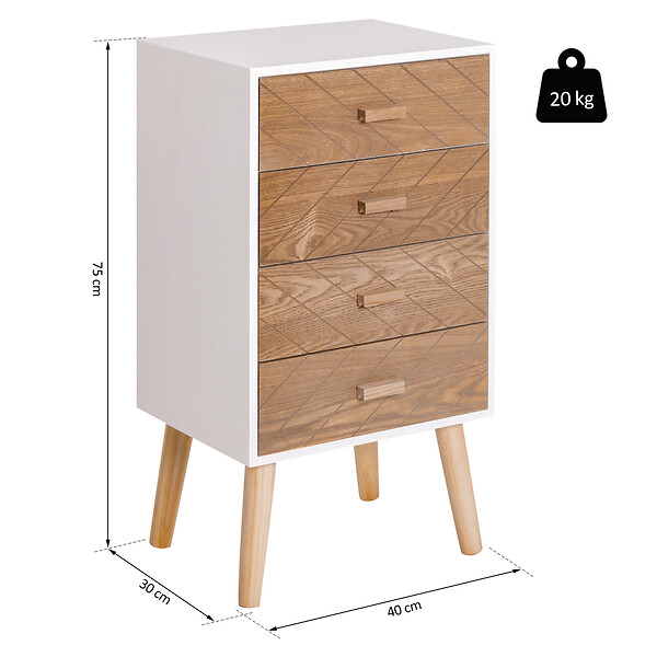 HOMCOM - Meuble de rangement chiffonnier design scandinave 40L x 30l x 75H cm 4 tiroirs bois massif pin MDF blanc et hêtre motif graphique - large