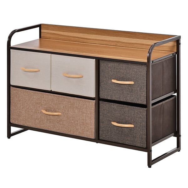 HOMCOM - Commode meuble de rangement 5 tiroirs en tissu 87,5 x 29 x 58 cm Marron et beige - large