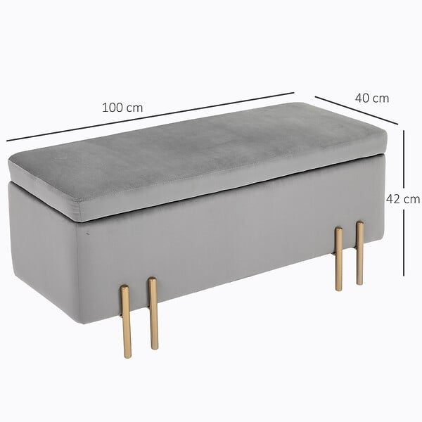 HOMCOM - HOMCOM Grand pouf coffre de rangement design contemporain- banc avec espace de rangement - dim. 100L x 40l x 42H cm - velours gris clair piètement métal doré - large