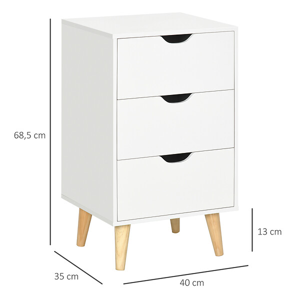 HOMCOM - Meuble de rangement chiffonnier 3 tiroirs design scandinave piètement effilé incliné bois pin panneaux blanc - large