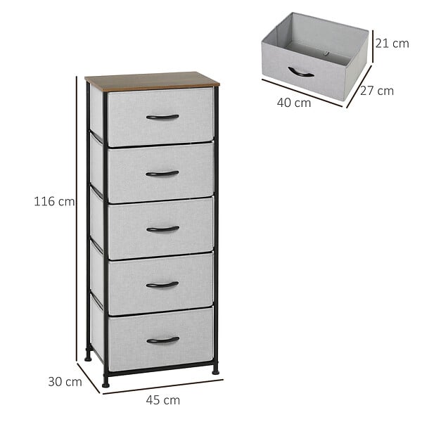 HOMCOM - Chiffonnier meuble de rangement 5 tiroirs - dim. 45L x 30l x 116H cm - structure acier noir tissu pliant gris - large