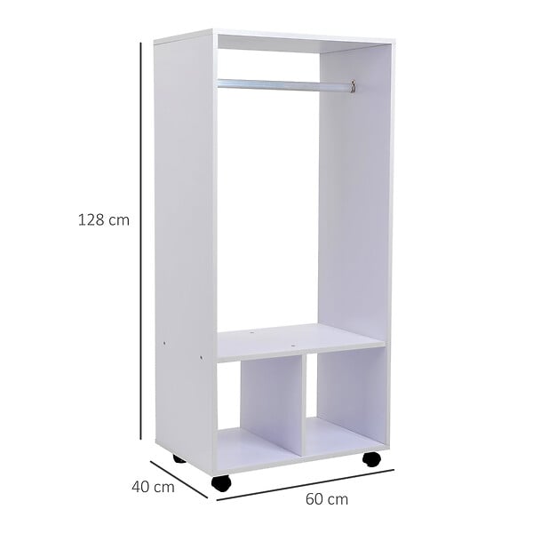 HOMCOM - Portant à vêtements penderie mobile avec roulettes 2 niches + grand espace penderie panneaux particules blanc - large