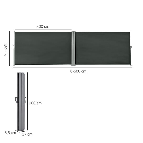 OUTSUNNY - Double store latéral brise-vue paravent rétractable dim. 6L x 1,60H m polyester anti-UV haute densité gris - large