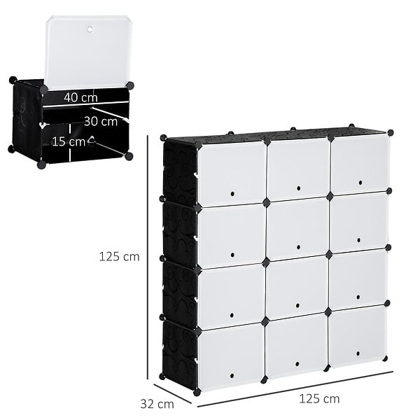 HOMCOM - Meuble de rangement - meuble à chaussures modulable 12 casiers avec portes et étagères - dim. 125L x 32l x 125H cm - PP noir blanc - large