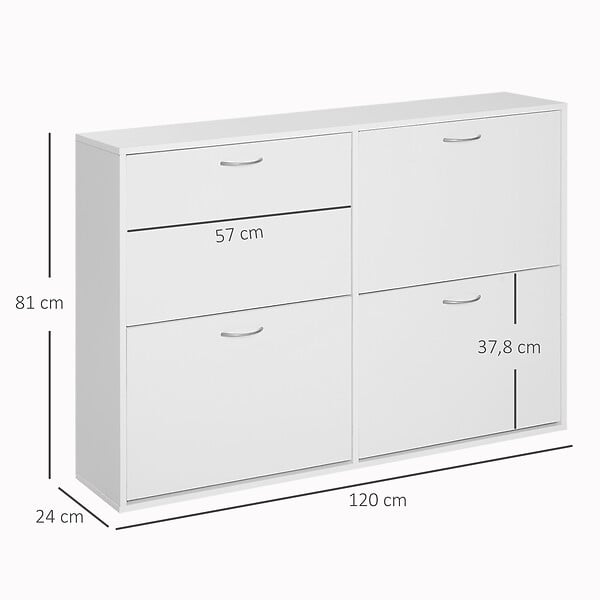 HOMCOM - Armoire à  chaussures meuble à  chaussures grande taille dim. 120L x 24l x 81H cm  4 portes abattantes double niveau panneaux particules blanc - large
