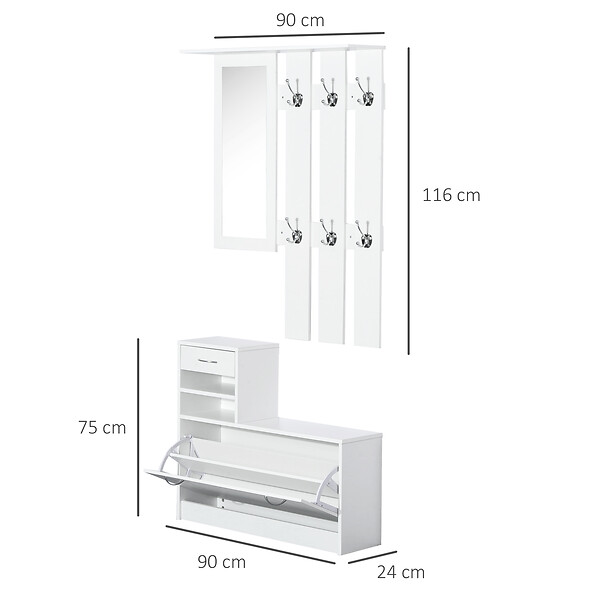 HOMCOM - Ensemble de meubles d'entrée design contemporain : meuble chaussures, miroir et panneau porte-manteau panneaux de particules blanc - large