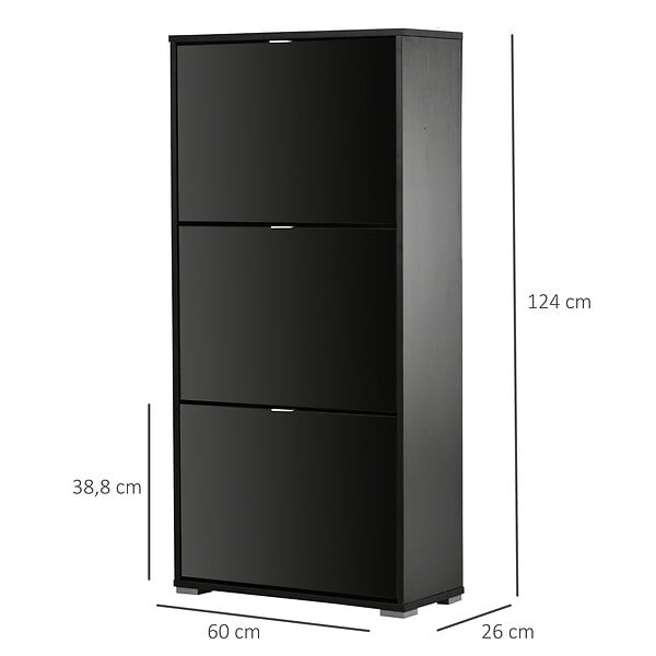 HOMCOM - Meuble à  chaussures 3 portes abattantes 3 compartiments MDF noir laqué - large