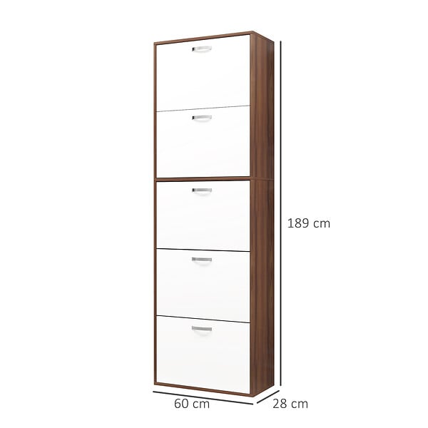 HOMCOM - Armoire à  chaussures meuble à  chaussures design contemporain 5 portes abattantes bicolore blanc marron foncé imitation bois - large