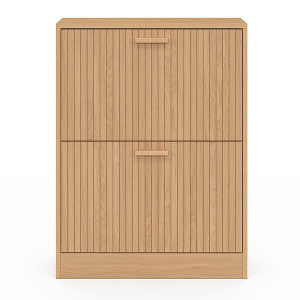 ID MARKET - Meuble à chaussures 12 paires JULIETTE 2 portes lattes tasseau bois coloris chêne - large