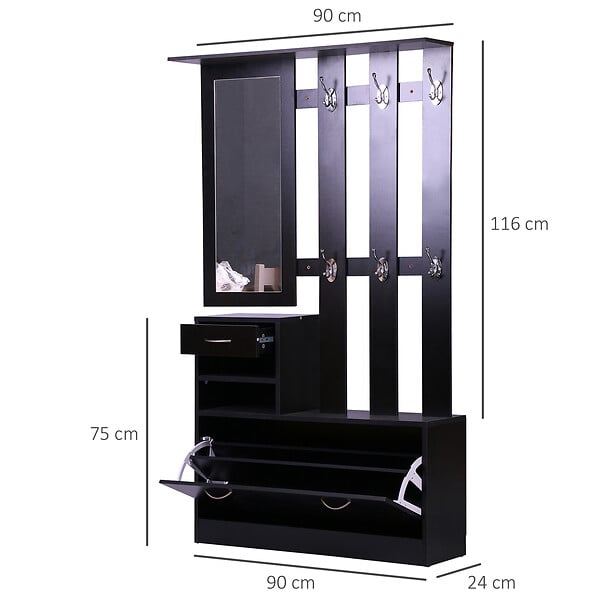 HOMCOM - Ensemble de meubles d'entrée design contemporain : meuble chaussures, miroir et panneau porte-manteau panneaux de particules noir - large