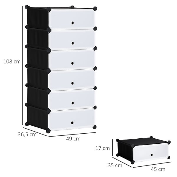HOMCOM - Meuble de rangement à chaussures modulable 6 casiers rectangulaires empilables - noir et blanc - large
