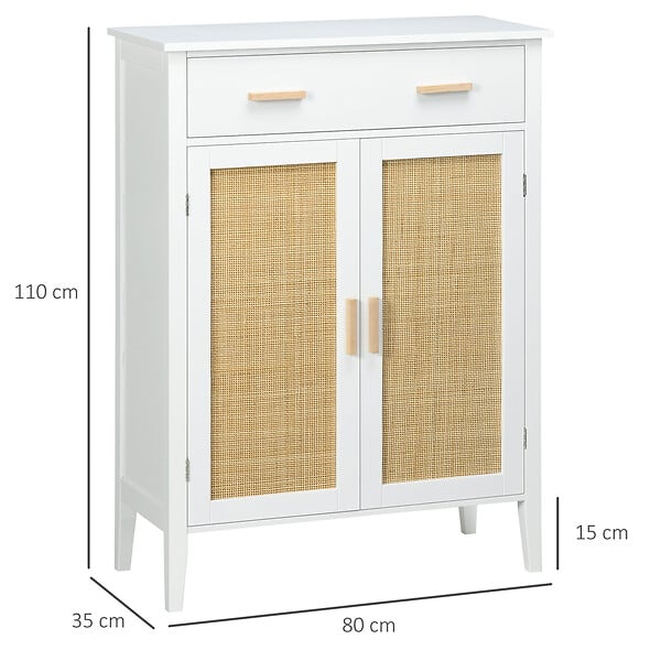 HOMCOM - Meuble à chaussures style bohème chic - 2 portes, 3 étagères, tiroir - MDF blanc cannage rotin - large