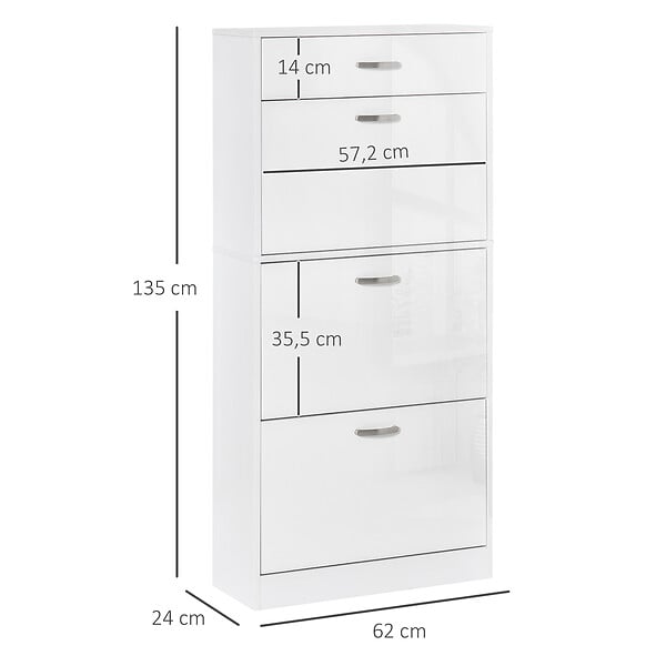HOMCOM - Meuble à chaussures - 3 portes abattantes et tiroir coulissant - dim. 62L x 24l x 135H cm - poignées alu. panneaux particules blanc - large