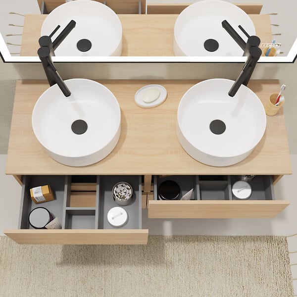 GODART - Meuble salle de bain 120 cm pour vasque à poser - Effet chêne sonoma - A suspendre - Karaib 2 - large