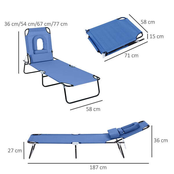 OUTSUNNY - Bain de soleil pliable transat inclinable 4 positions chaise longue de lecture 3 coussins fournis bleu - large